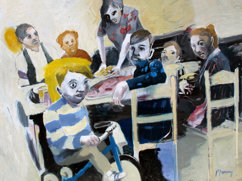 Dinner Table with Blond Boy on Bike